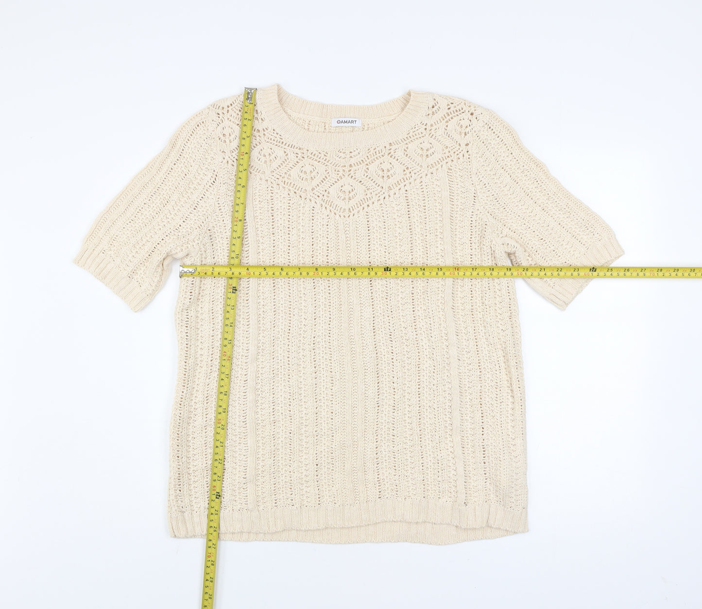 Damart Women Beige Cotton Short Sleeve Open-Knit Pullover Jumper L