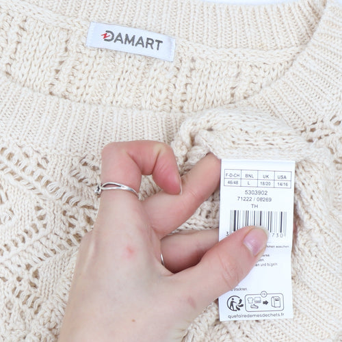 Damart Women Beige Cotton Short Sleeve Open-Knit Pullover Jumper L