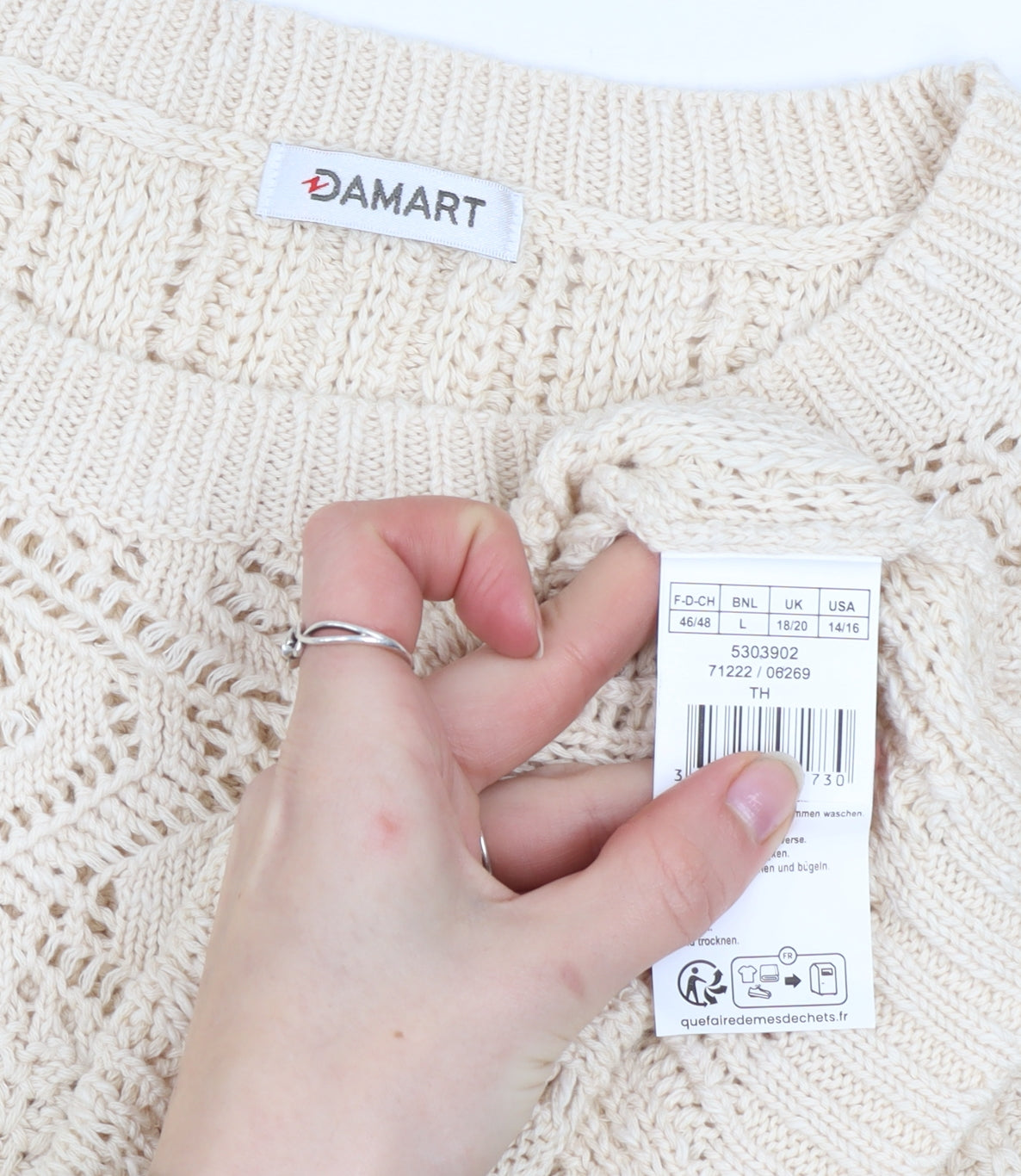 Damart Women Beige Cotton Short Sleeve Open-Knit Pullover Jumper L