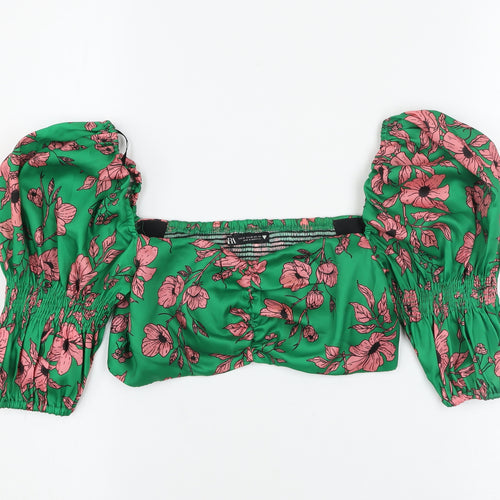 Zara Women’s Green Floral Cropped Puff Sleeve Blouse XS