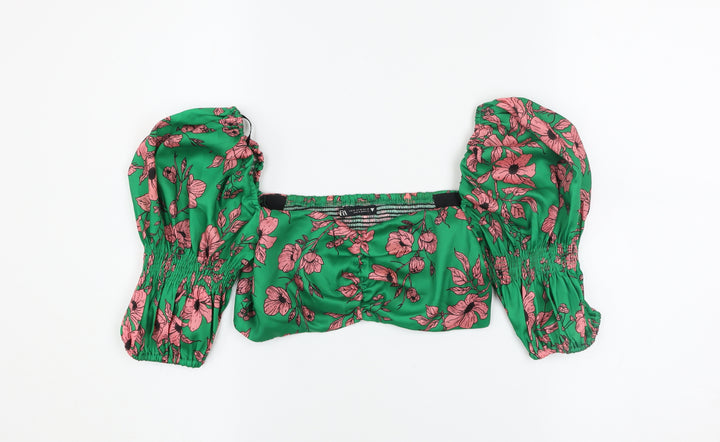 Zara Women’s Green Floral Cropped Puff Sleeve Blouse XS