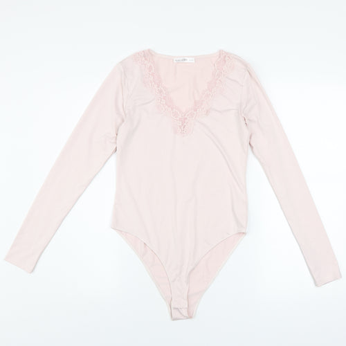 Gallery Womens Blush Pink Lace V-Neck Long Sleeve Bodysuit S