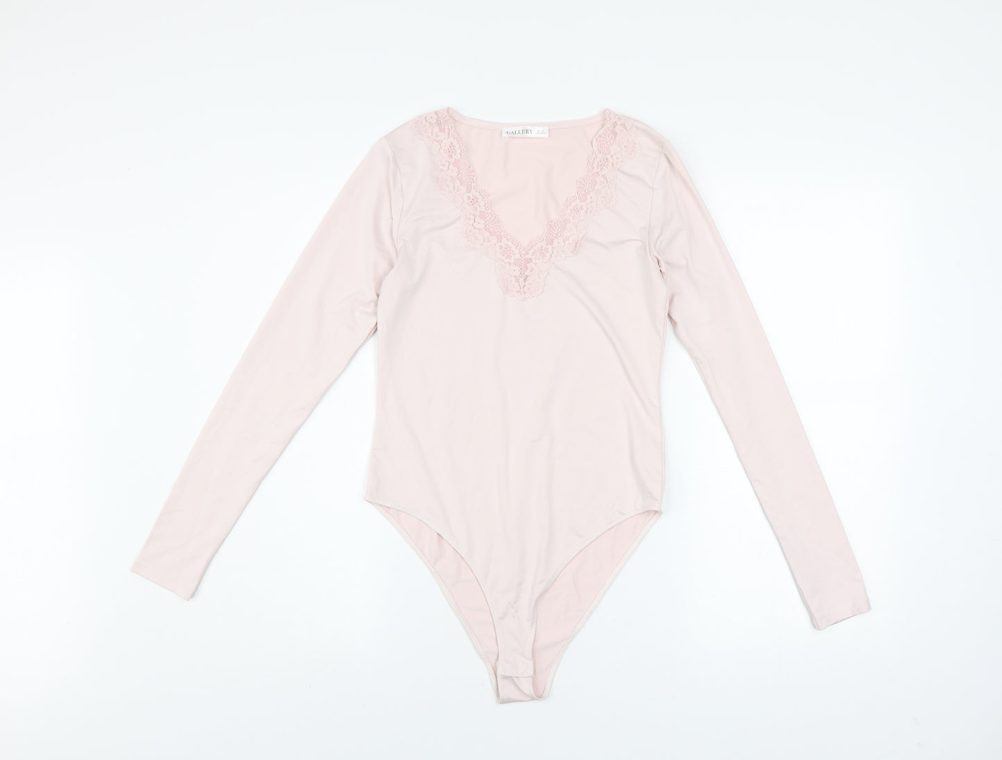 Gallery Womens Blush Pink Lace V-Neck Long Sleeve Bodysuit S