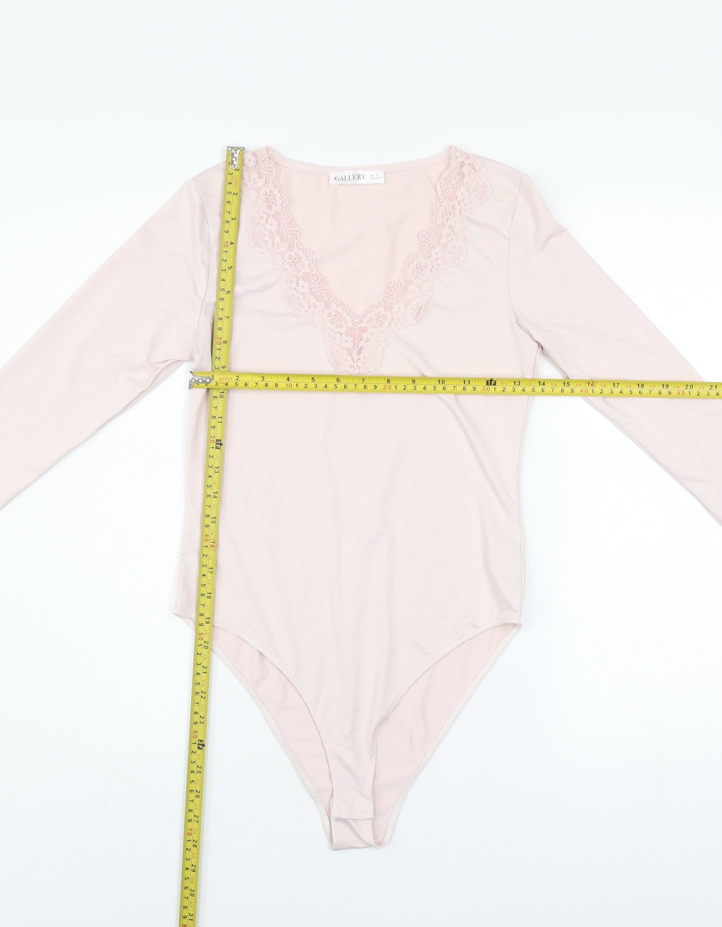 Gallery Womens Blush Pink Lace V-Neck Long Sleeve Bodysuit S