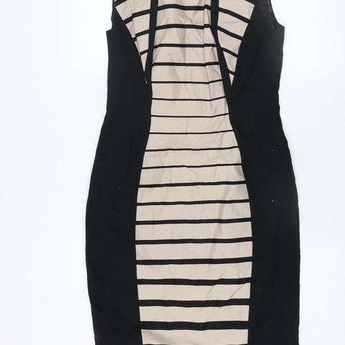 Marks and Spencer Women’s Black Beige Striped Bodycon Dress UK 10