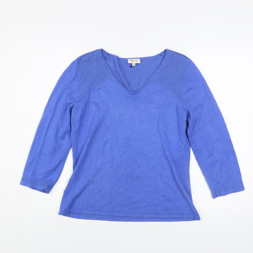 CC Women Blue V-Neck Knit Jumper Medium 3/4 Sleeve Stretch Pullover
