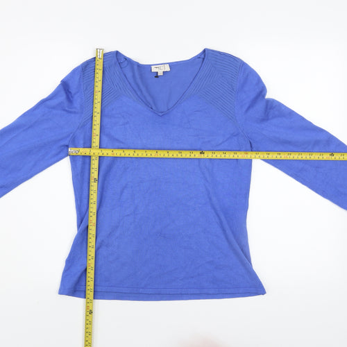 CC Women Blue V-Neck Knit Jumper Medium 3/4 Sleeve Stretch Pullover