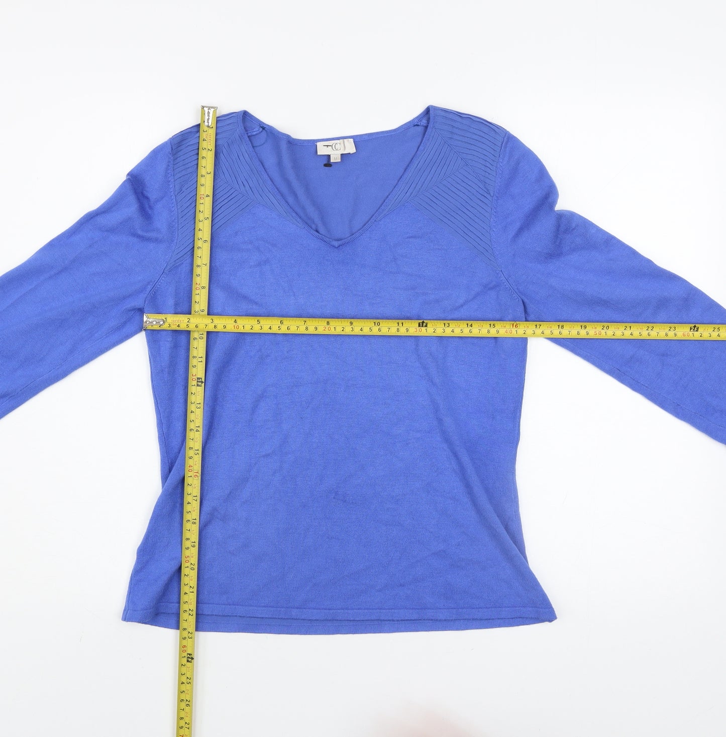CC Women Blue V-Neck Knit Jumper Medium 3/4 Sleeve Stretch Pullover