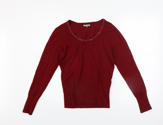 John Lewis Women Red Beaded Long Sleeve Pullover Sweater Size M