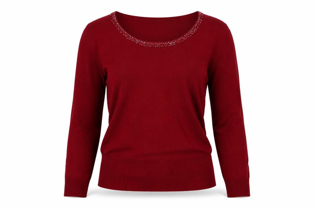 Front view of John Lewis Women Red Beaded Long Sleeve Pullover Sweater, size M