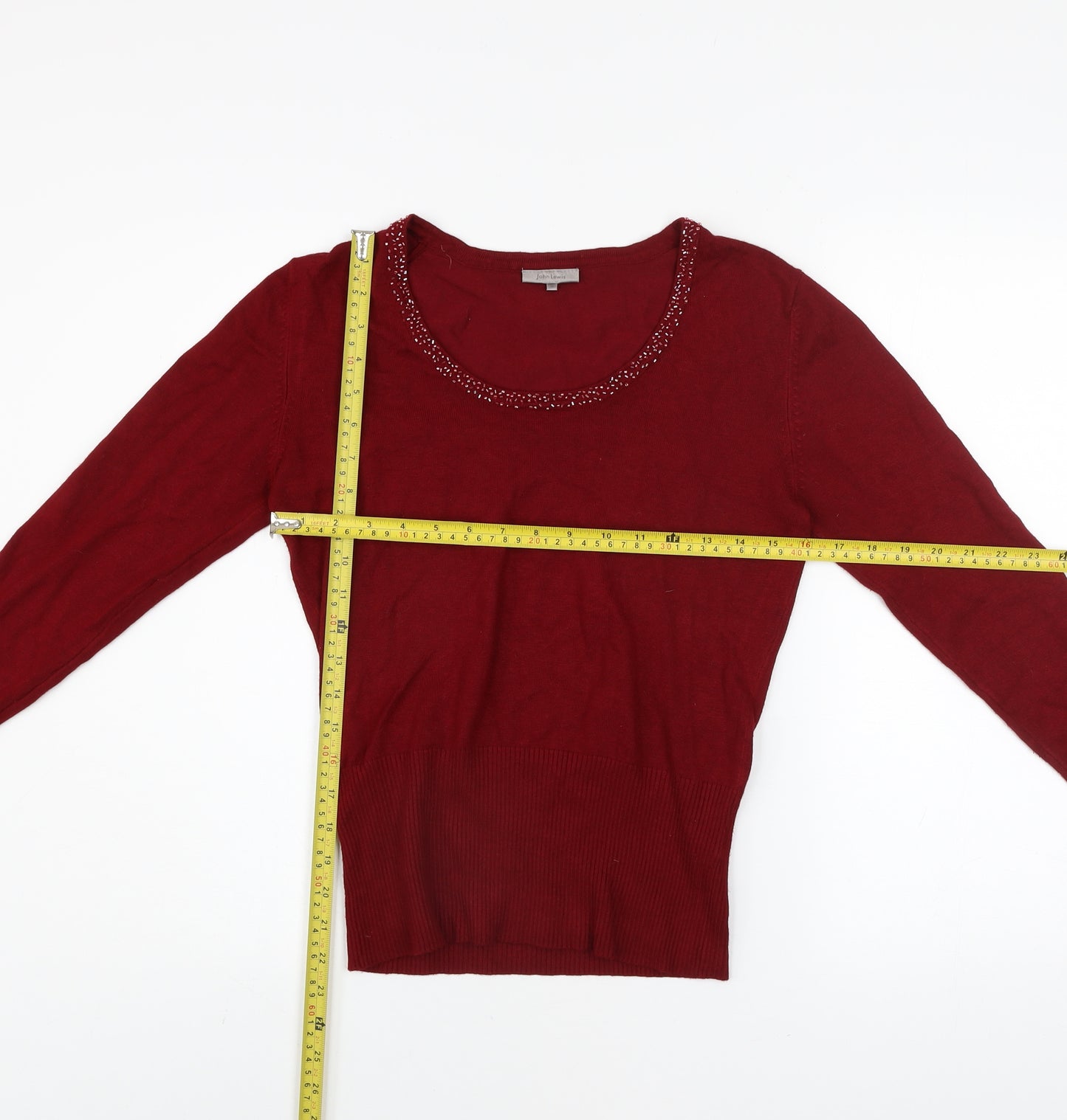 John Lewis Women Red Beaded Long Sleeve Pullover Sweater Size M