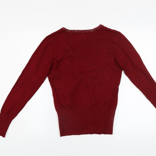John Lewis Women Red Beaded Long Sleeve Pullover Sweater Size M