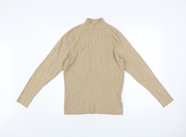 Marks and Spencer Women Beige Ribbed Mock Neck Long Sleeve Jumper Size 14
