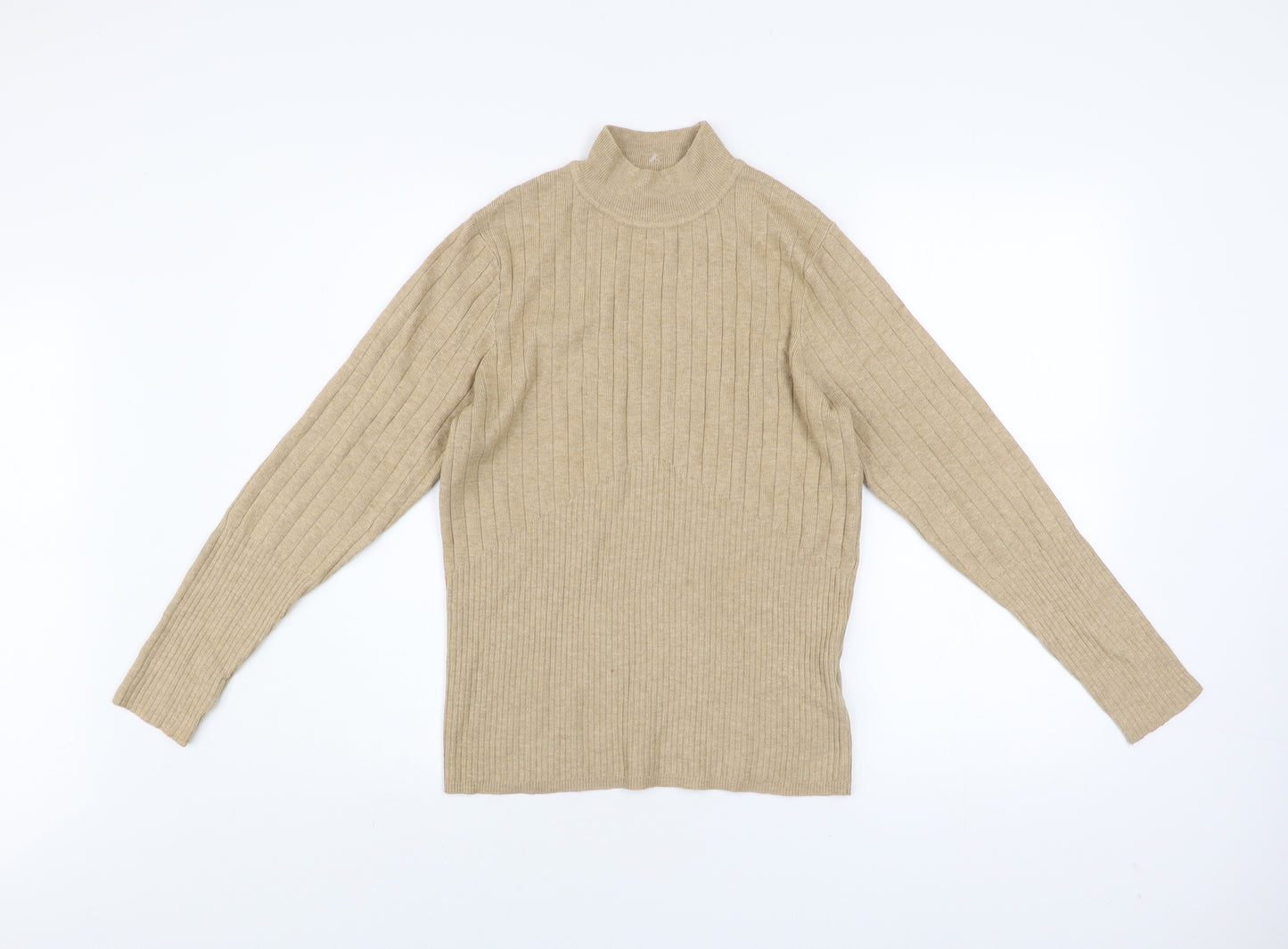 Marks and Spencer Women Beige Ribbed Mock Neck Long Sleeve Jumper Size 14