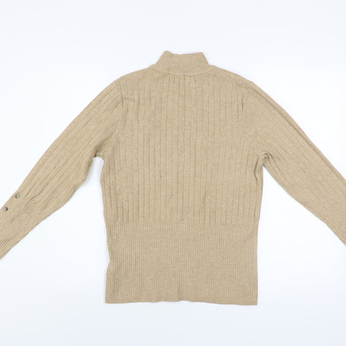 Marks and Spencer Women Beige Ribbed Mock Neck Long Sleeve Jumper Size 14