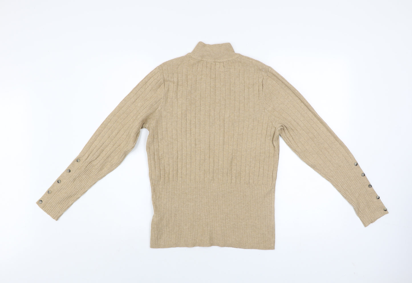 Marks and Spencer Women Beige Ribbed Mock Neck Long Sleeve Jumper Size 14