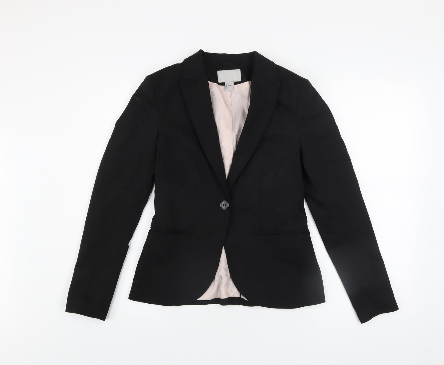 H&M Women Black Single-Breasted Blazer Jacket UK 8 Cotton Blend