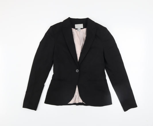 H&M Women Black Single-Breasted Blazer Jacket UK 8 Cotton Blend