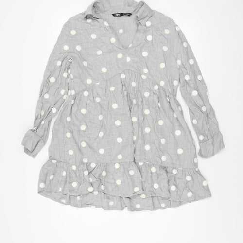 ZARA Women Grey Polka Dot Long Sleeve A-Line Mini Dress Size L