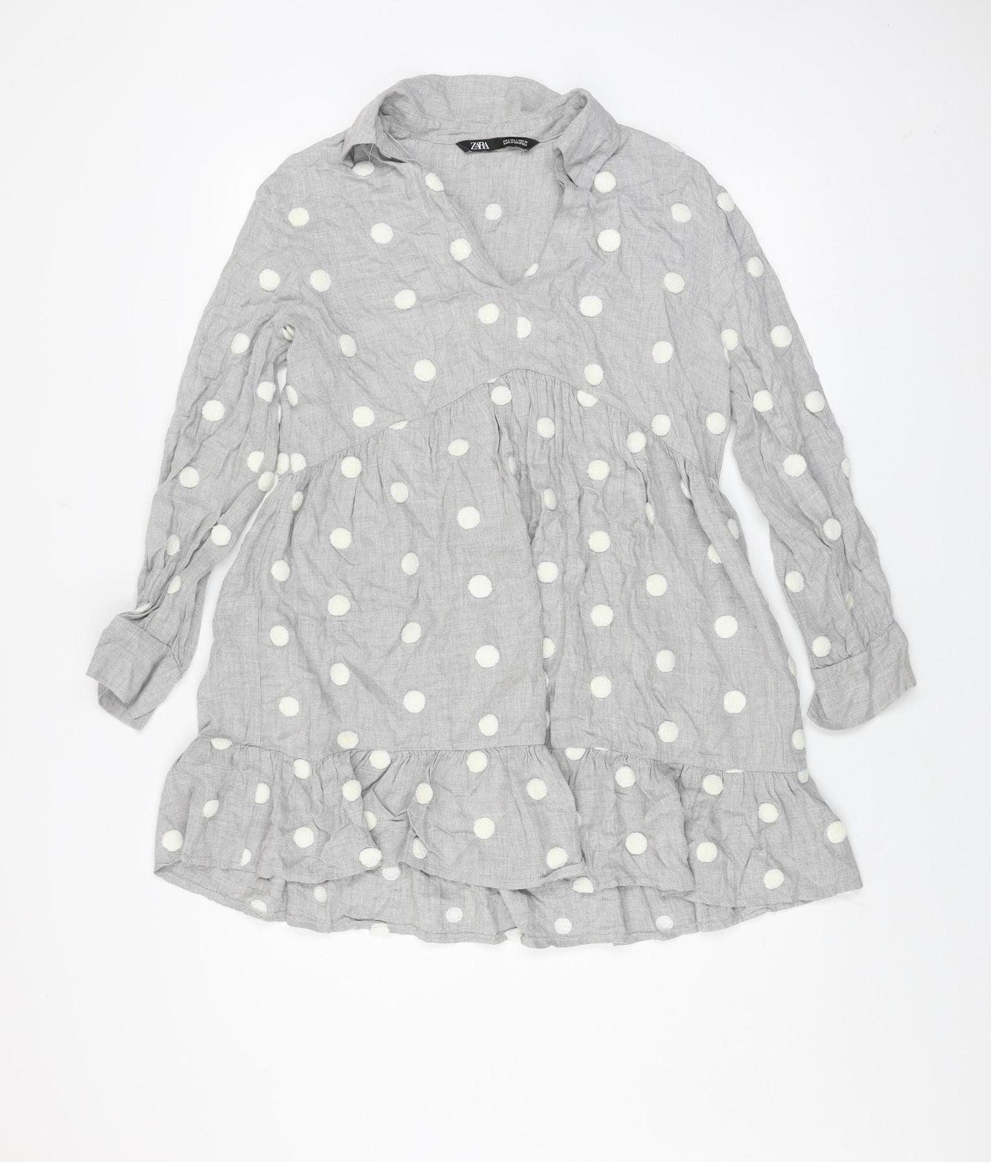 ZARA Women Grey Polka Dot Long Sleeve A-Line Mini Dress Size L