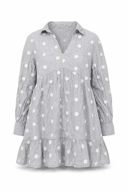 Front view of Zara Women Grey Polka Dot Long Sleeve A-Line Mini Dress, size L