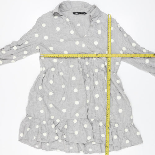 ZARA Women Grey Polka Dot Long Sleeve A-Line Mini Dress Size L
