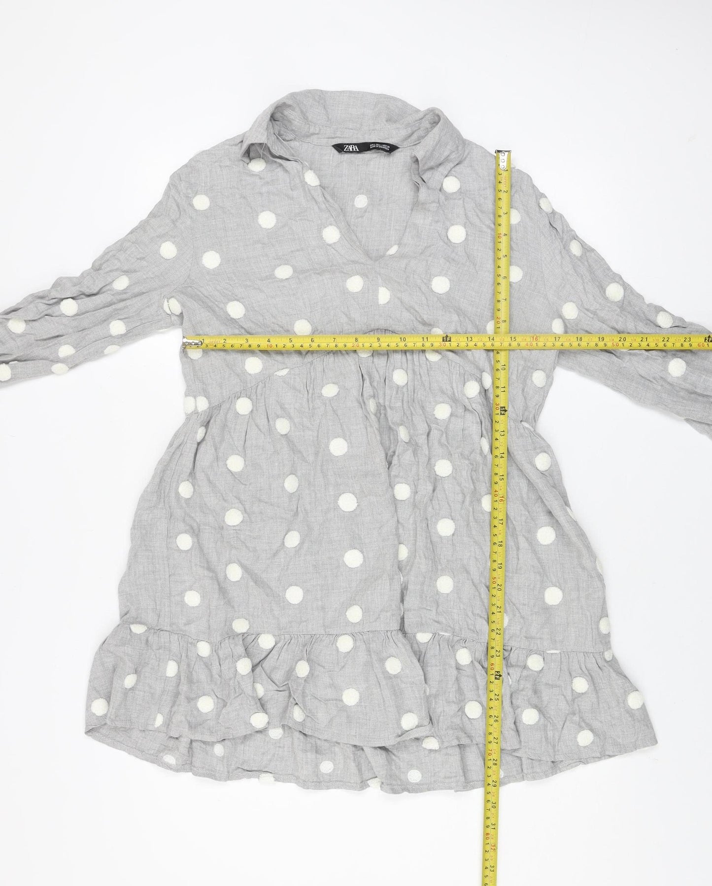 ZARA Women Grey Polka Dot Long Sleeve A-Line Mini Dress Size L