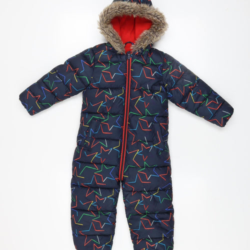 Next Boys Blue Star Print Hooded Puffer Snowsuit 2-3 Years Winter Warm
