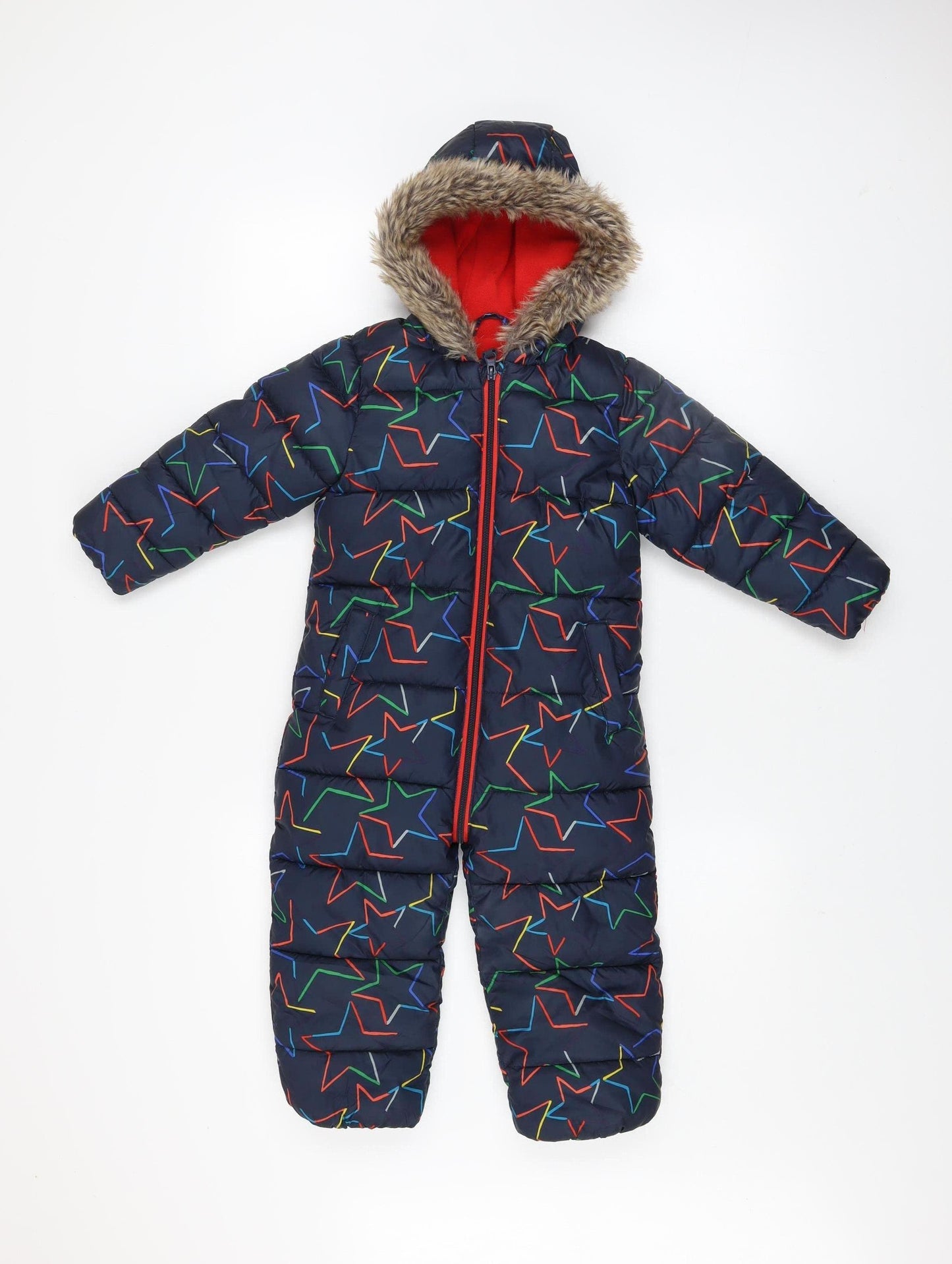 Next Boys Blue Star Print Hooded Puffer Snowsuit 2-3 Years Winter Warm