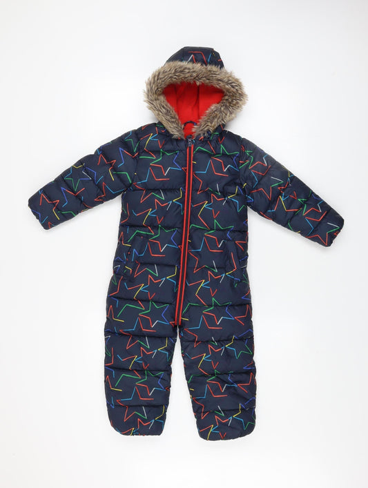 Next Boys Blue Star Print Hooded Puffer Snowsuit 2-3 Years Winter Warm