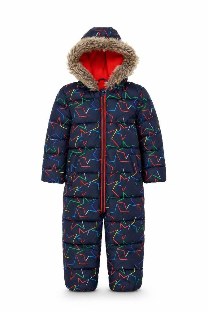 Next Boys Blue Star Print Hooded Puffer Snowsuit 2-3 Years Winter Warm
