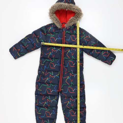 Next Boys Blue Star Print Hooded Puffer Snowsuit 2-3 Years Winter Warm