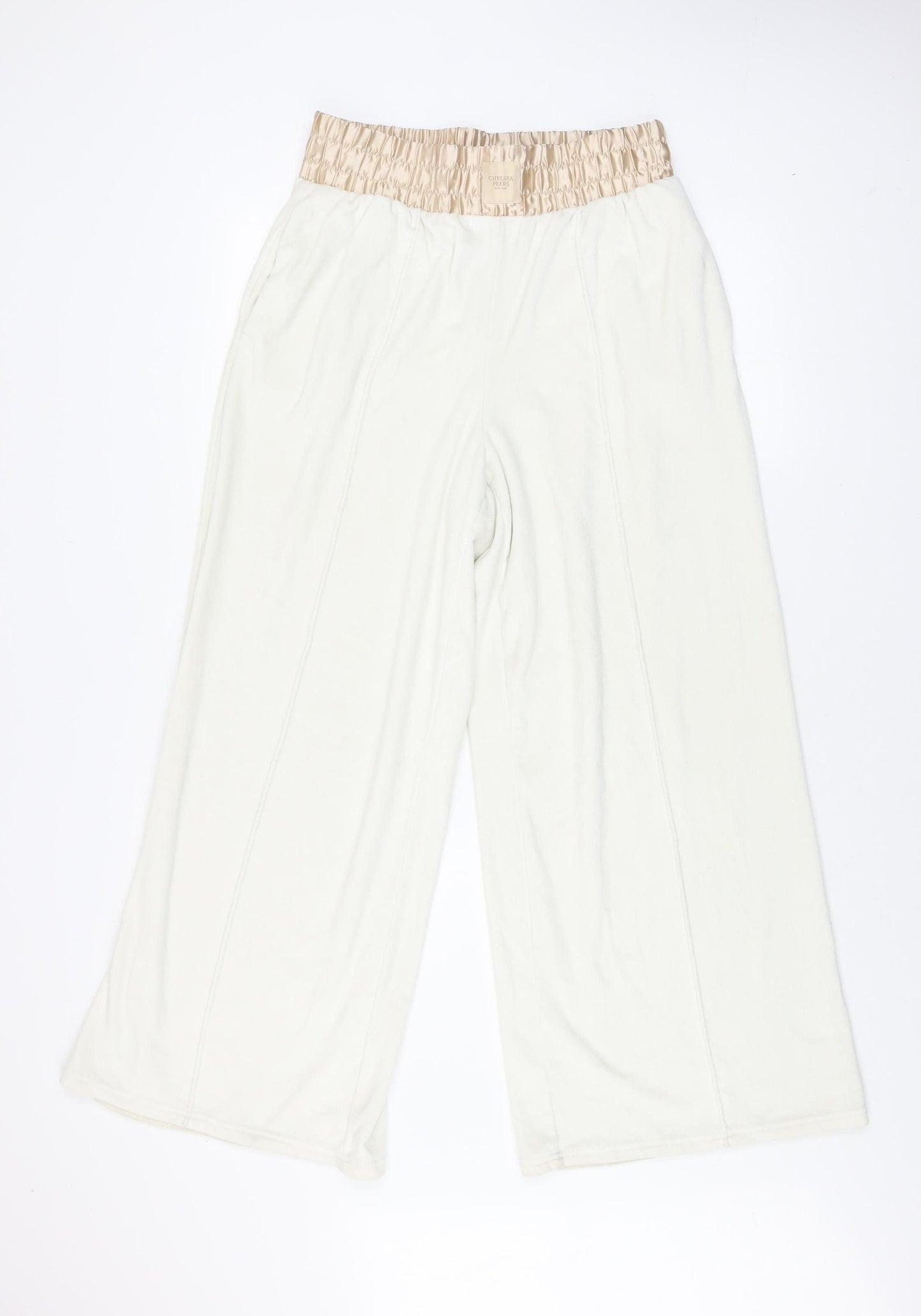 Chelsea Peers Women Ivory Wide-Leg Fleece Loungewear Trousers Size 12