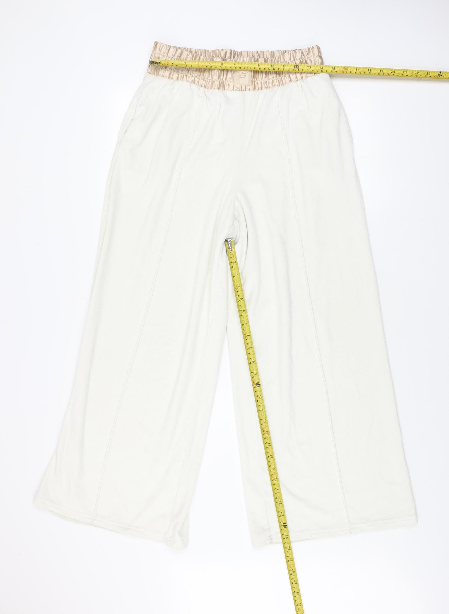Chelsea Peers Women Ivory Wide-Leg Fleece Loungewear Trousers Size 12