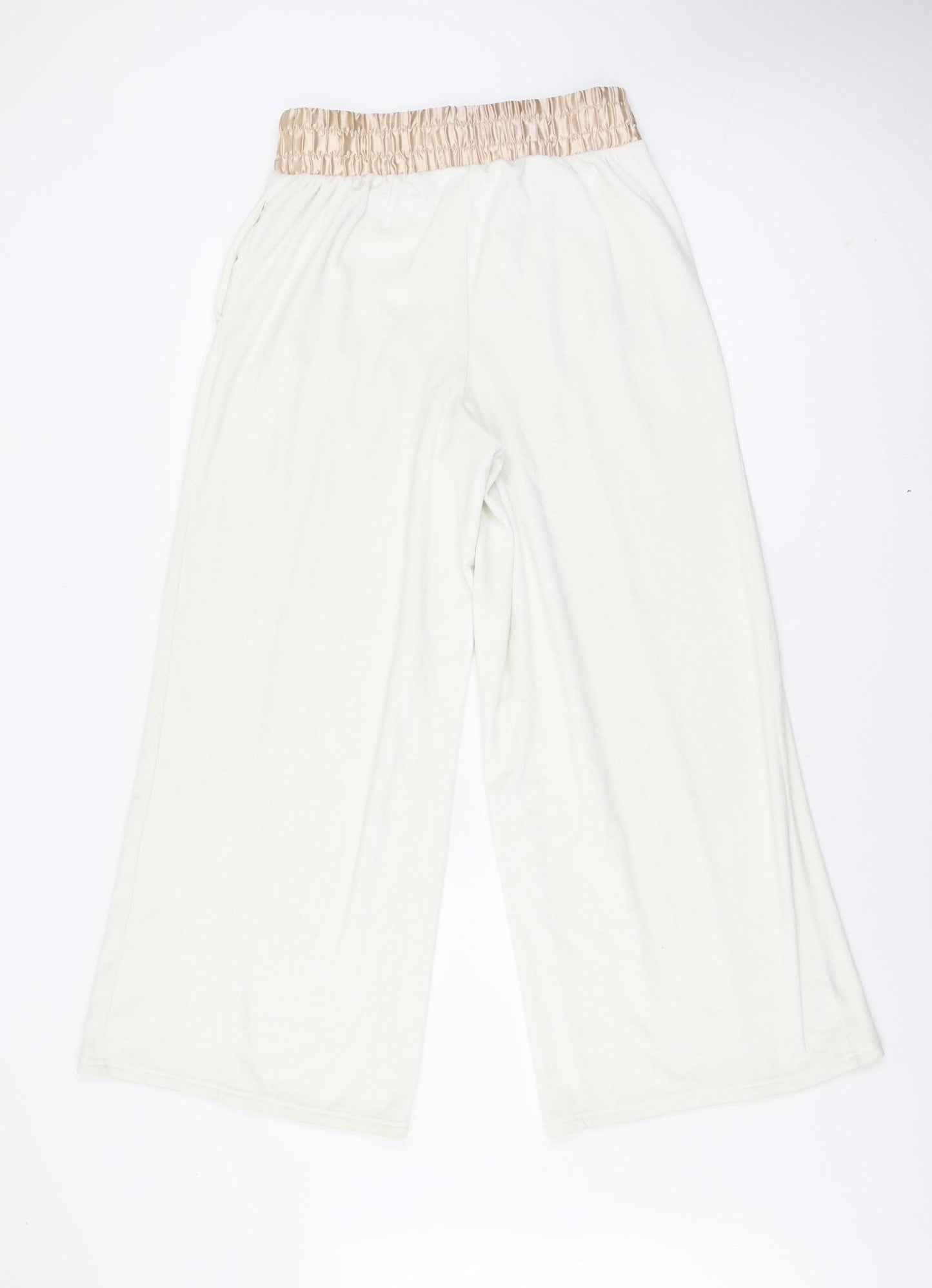 Chelsea Peers Women Ivory Wide-Leg Fleece Loungewear Trousers Size 12