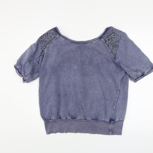 Denim Co Women's Blue Beaded Short Sleeve Cotton Relaxed T-Shirt Size 14