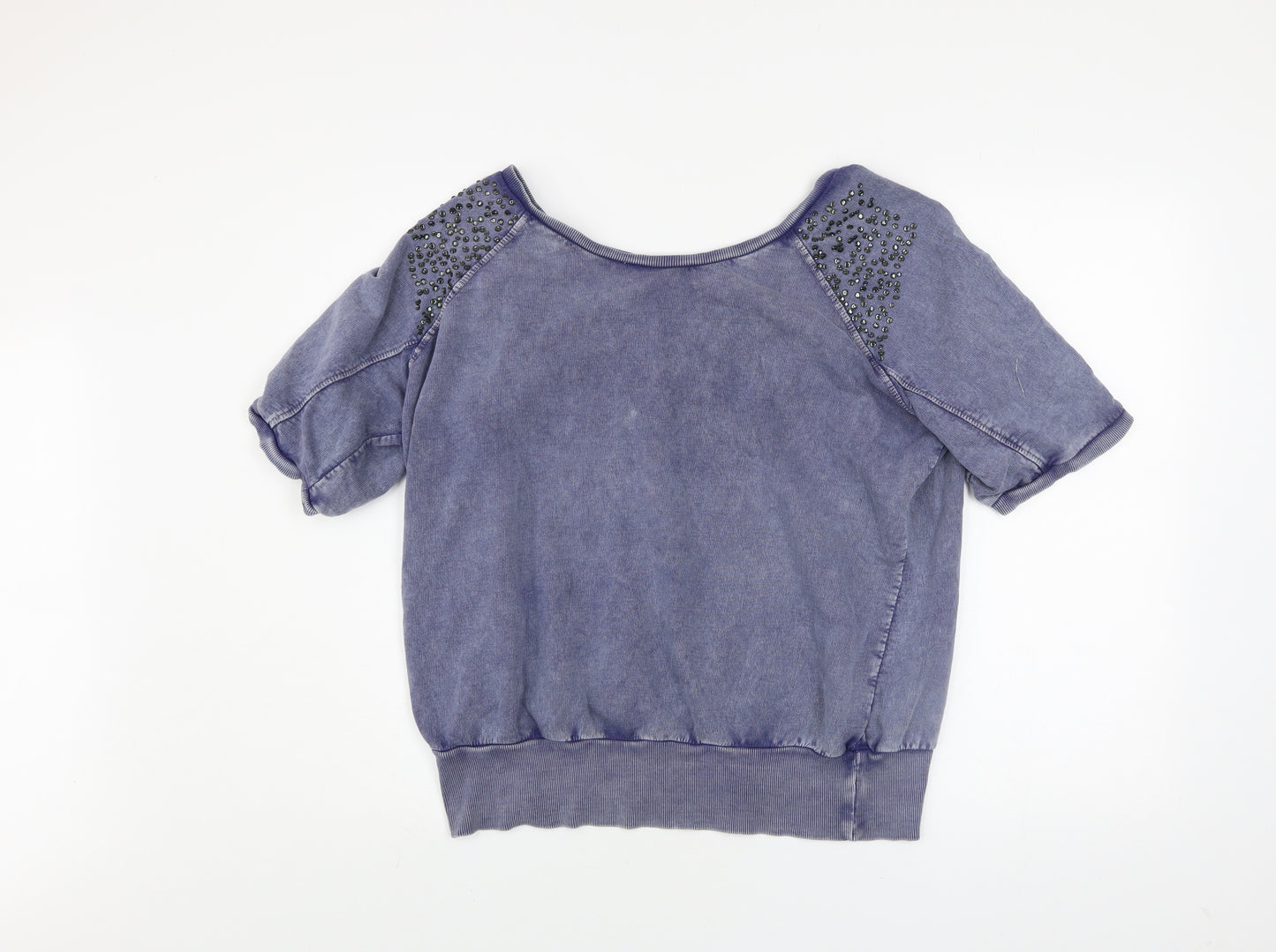 Denim Co Women's Blue Beaded Short Sleeve Cotton Relaxed T-Shirt Size 14
