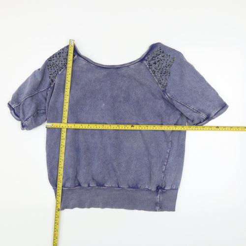Denim Co Women's Blue Beaded Short Sleeve Cotton Relaxed T-Shirt Size 14