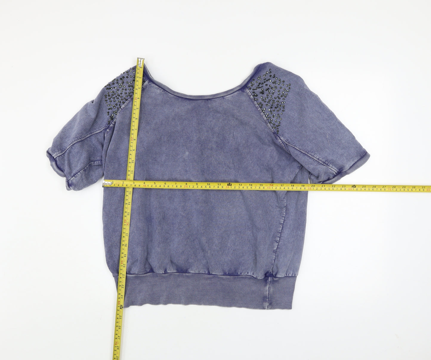 Denim Co Women's Blue Beaded Short Sleeve Cotton Relaxed T-Shirt Size 14