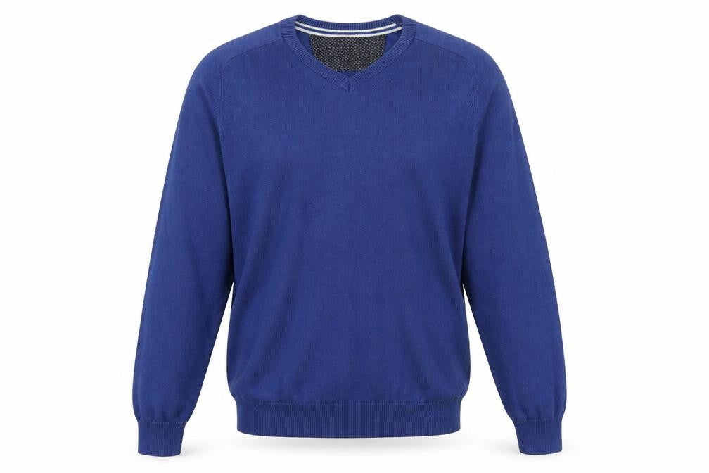 Front view of DG's Drifter Men Blue L V-Neck Cotton Acrylic jumper