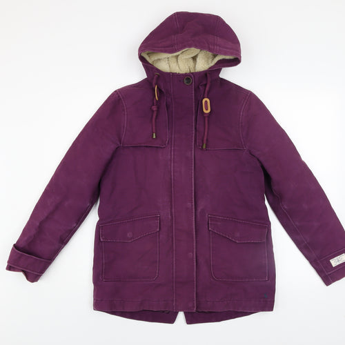 Joules Women's Purple Hooded Parka Coat Size 8 Waterproof Cotton