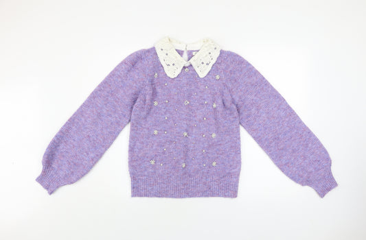 River Island Women's Purple Collar Beaded Knit Jumper Size 10