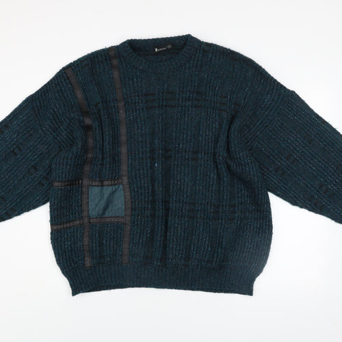 Marks and Spencer Men's Blue XL Leather Trim Wool Blend Chunky Knit Jumper