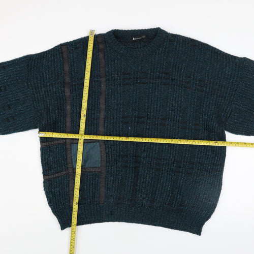 Marks and Spencer Men's Blue XL Leather Trim Wool Blend Chunky Knit Jumper