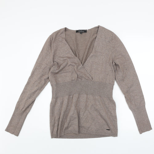 One Touch Women Beige V-Neck Long Sleeve Knit Jumper Size 12