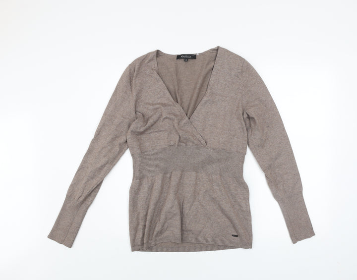 One Touch Women Beige V-Neck Long Sleeve Knit Jumper Size 12