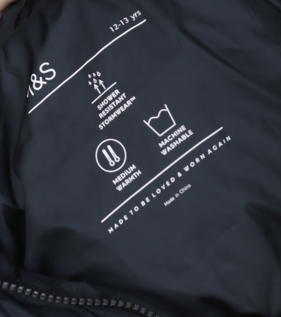 Marks and Spencer Girls Black Long Hooded Puffer Coat 12-13 Years Stormwear