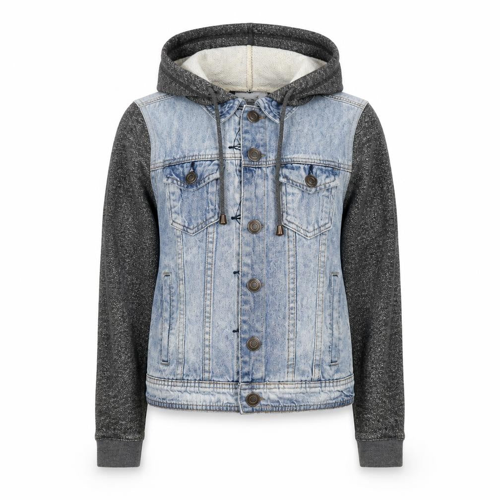 Front view of Denim Co. women’s blue cropped hooded bomber jacket, size UK 6