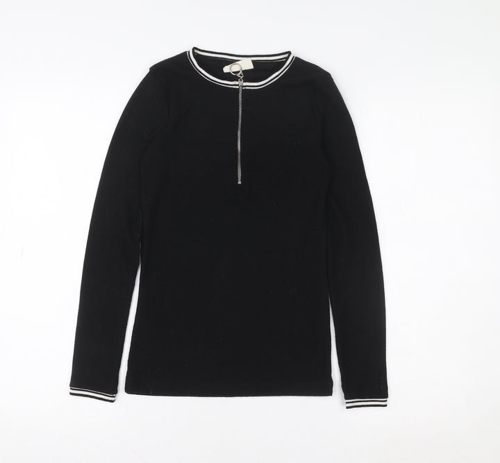 DENIMLAB Womens Black Long Sleeve Zip Neck Basic Top Size S