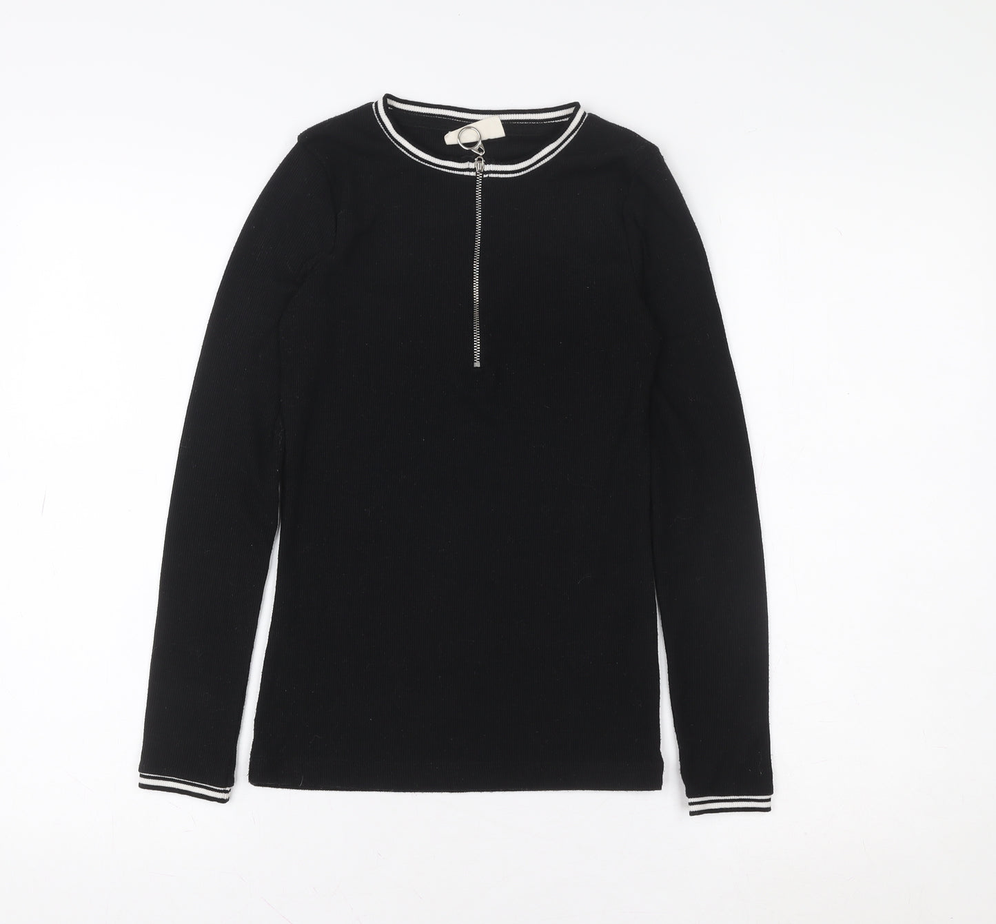 DENIMLAB Womens Black Long Sleeve Zip Neck Basic Top Size S
